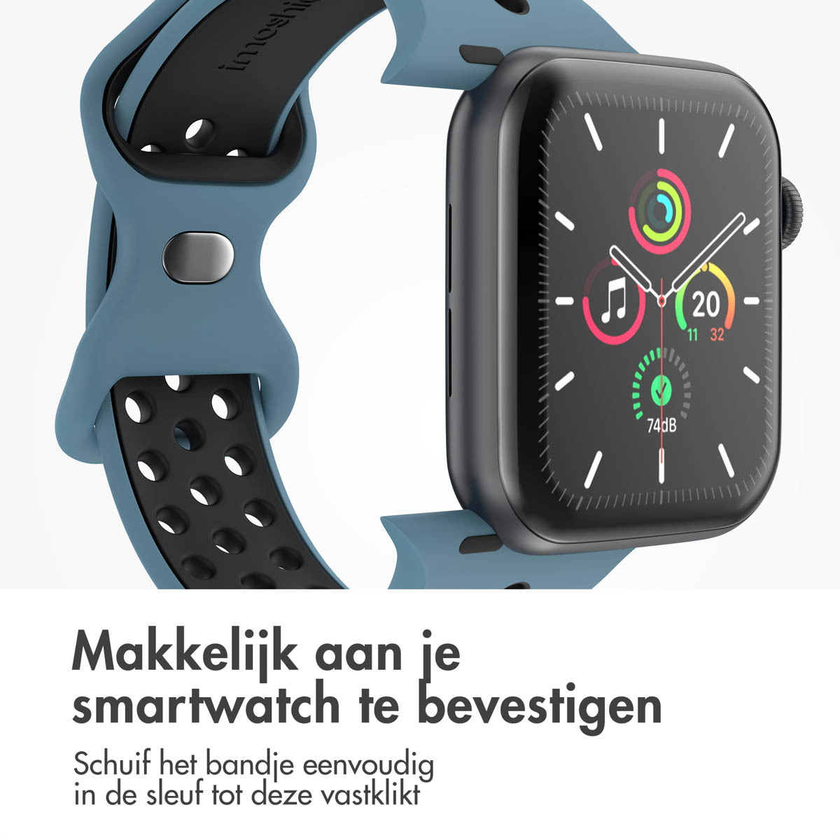 A smartwatch with a black screen displaying information, blue strap, and black inner band. Text in Dutch: Easy to attach to your smartwatch.