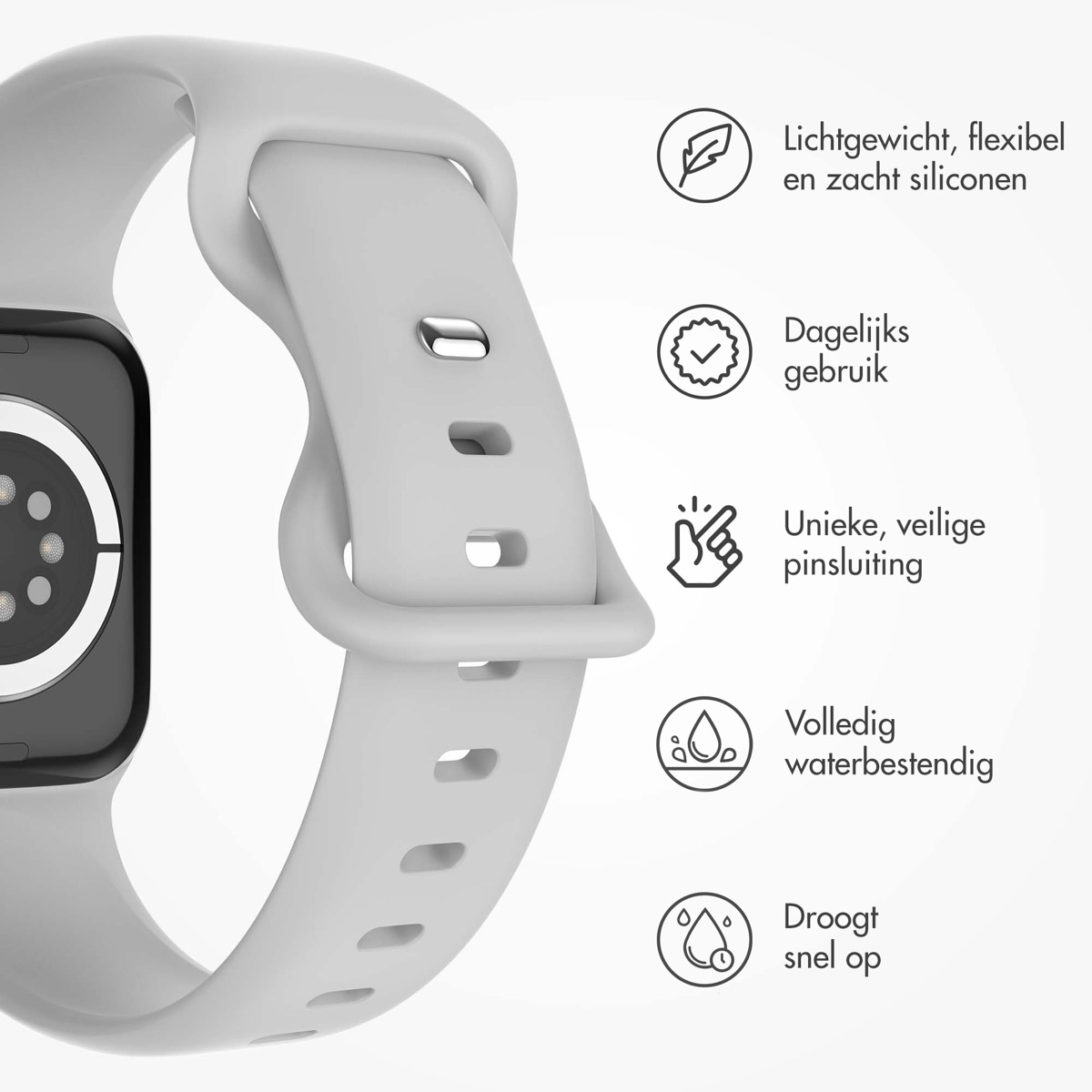 White watch band. Features include lightweight silicone, daily use, and waterproof. The watch band is solid white.