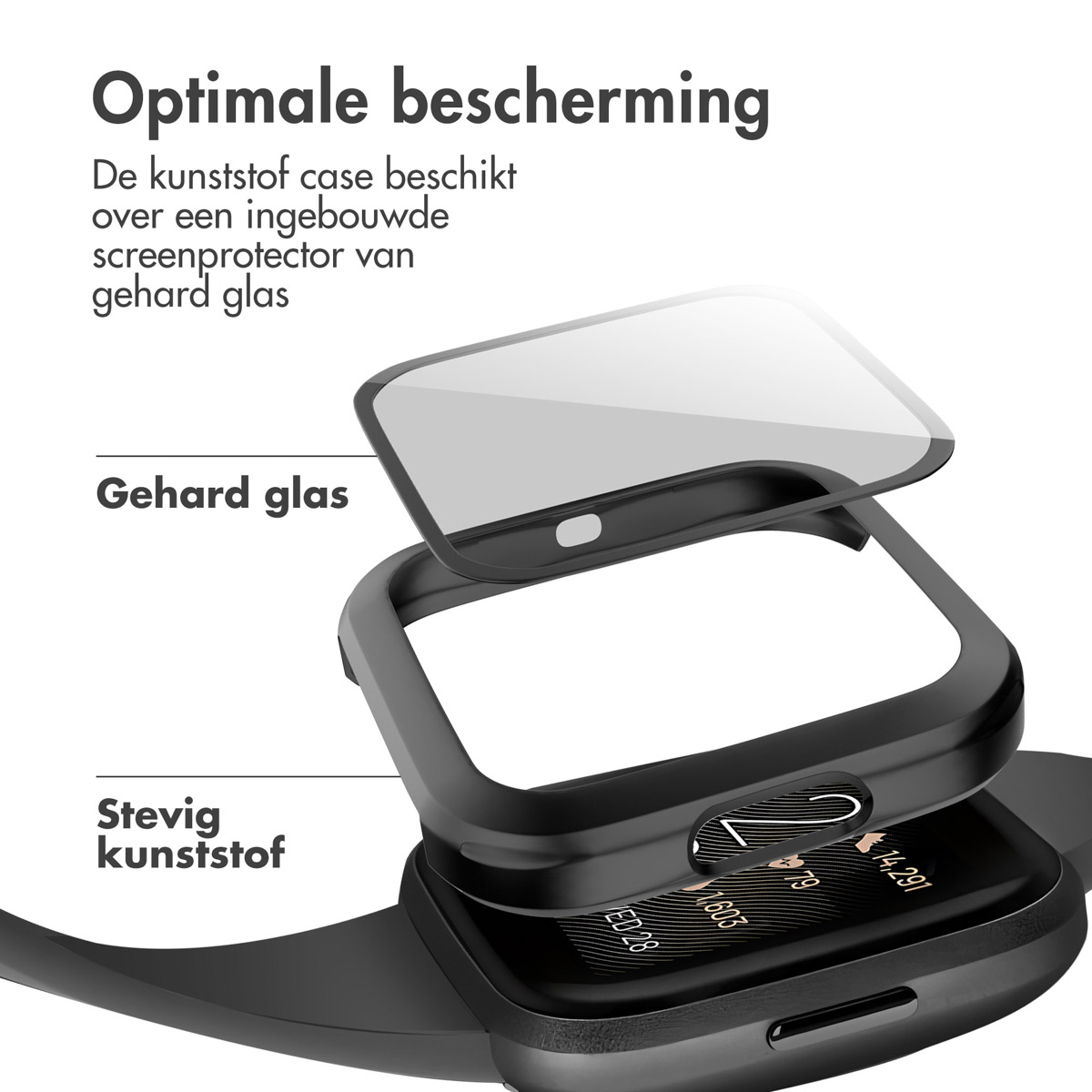 Close-up van een smartwatch-case met een schermbeschermer. De case is zwart en het scherm is helder.