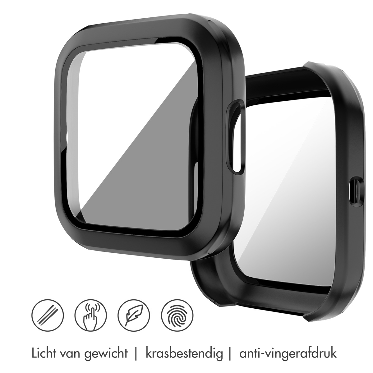 Twee zwarte schermbeschermers. De tekst beschrijft lichtgewicht, krasbestendigheid en anti-vingerafdruk.