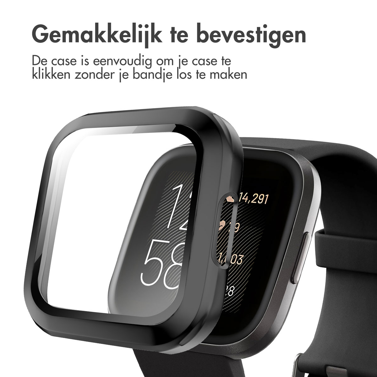 Een zwart horloge met een zwarte behuizing. Tekst erboven: Gemakkelijk te bevestigen.