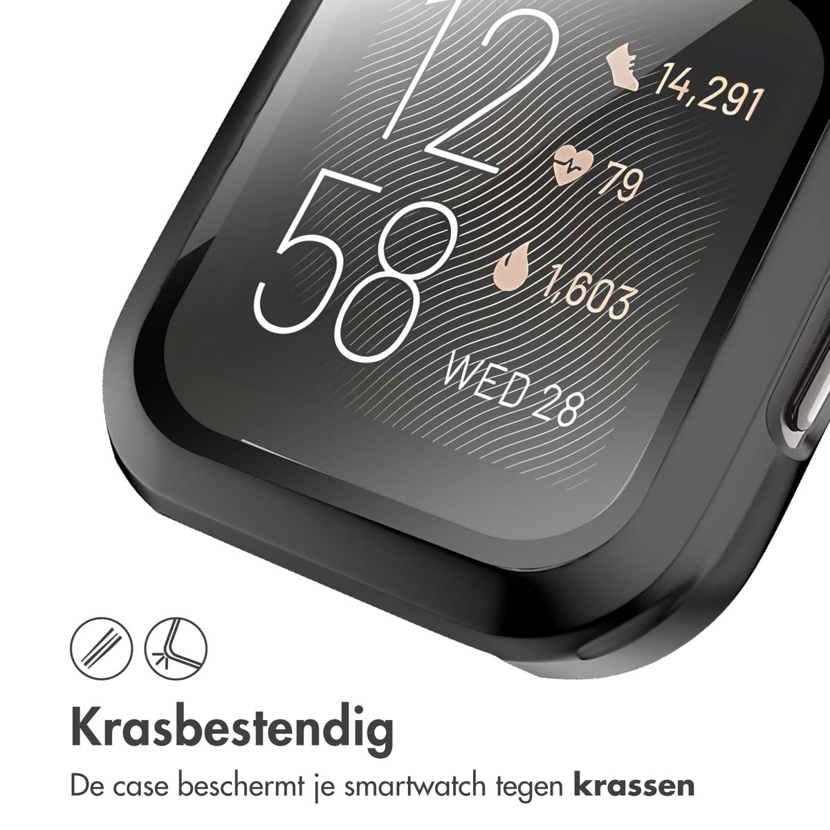 Close-up van een zwart smartwatch-scherm. Tekst geeft krasbestendigheid aan.
