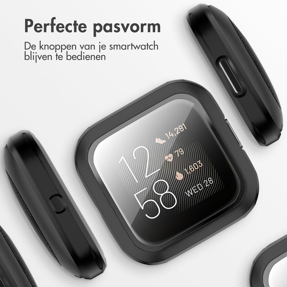 Zwarte horlogekoffers. Er worden meerdere koffers getoond, met screenprotectors.