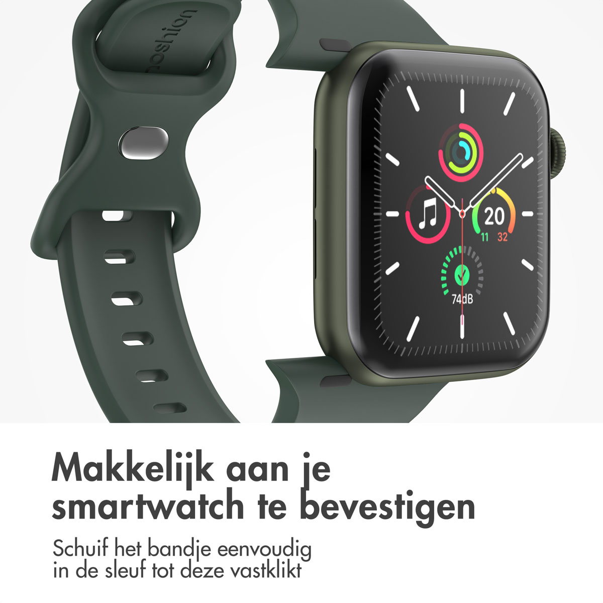 Apple Watch with a dark green strap. The strap easily attaches to the smartwatch. The watch face shows time and app icons.