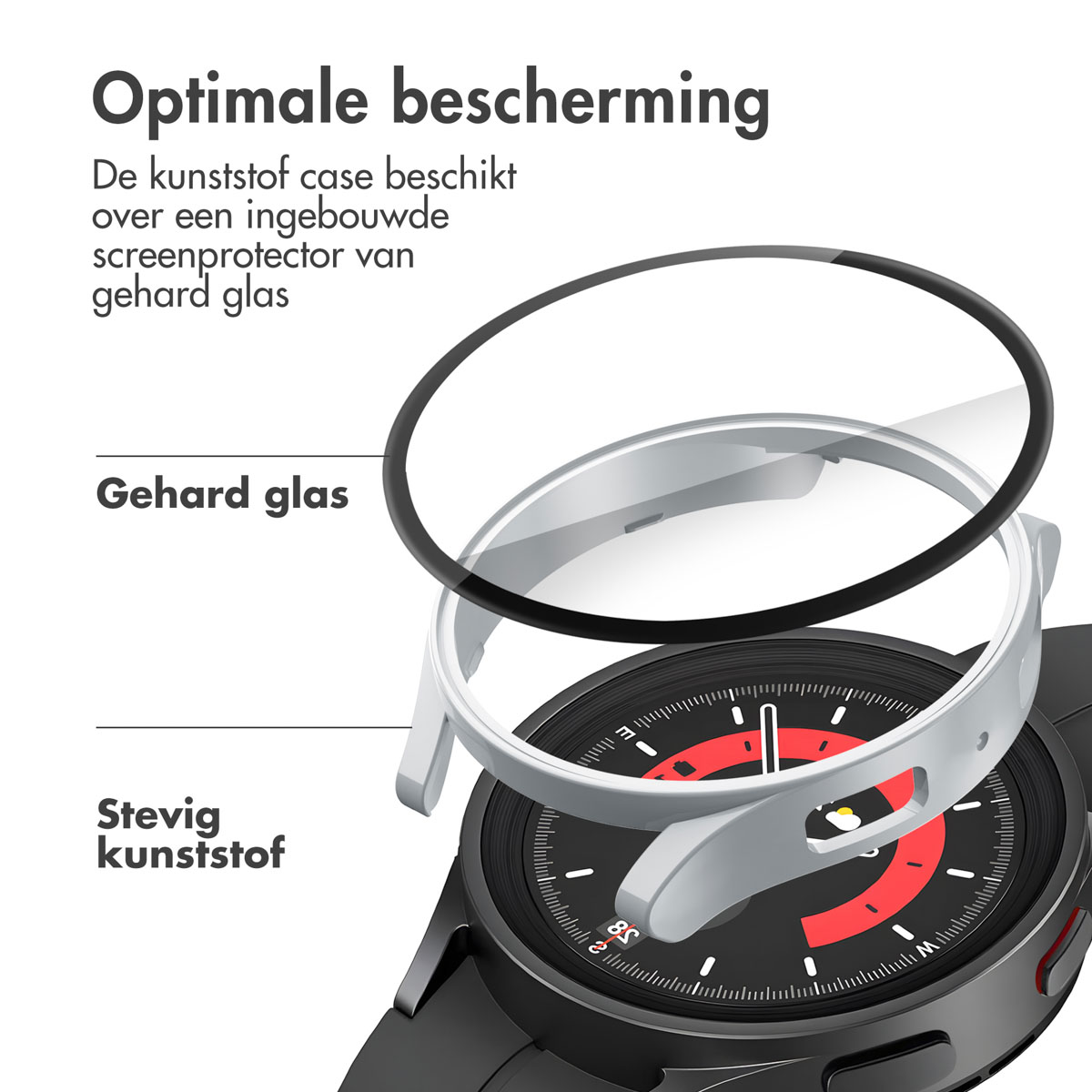 Smartwatch met behuizingscomponenten. Transparante schermbeschermer en een wit frame over de wijzerplaat.