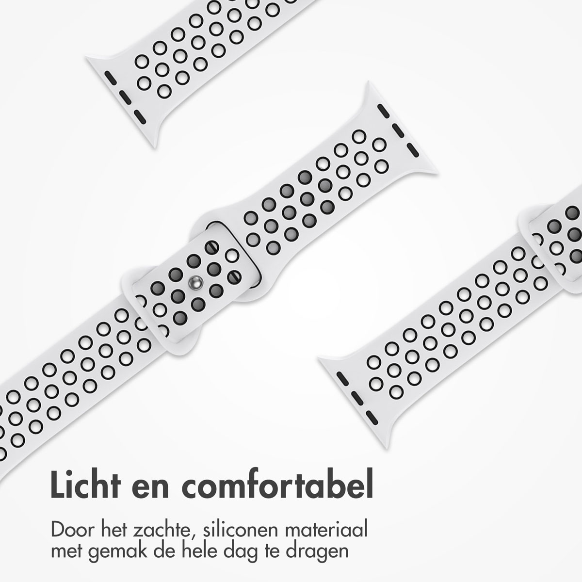 White and gray watch straps with circular perforations. Text at the bottom says 'Light and comfortable'. Silicone material.