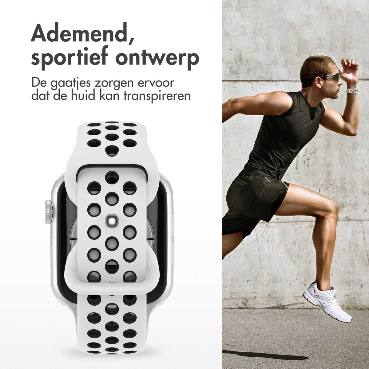 A smartwatch with a white strap, beside a man running on a grey background. The strap has black holes.