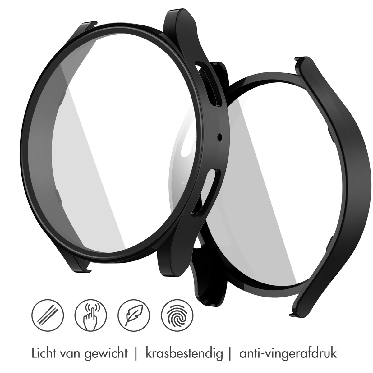 Twee zwarte horlogekasten met transparante inzetstukken. Iconen licht, krasbestendig.