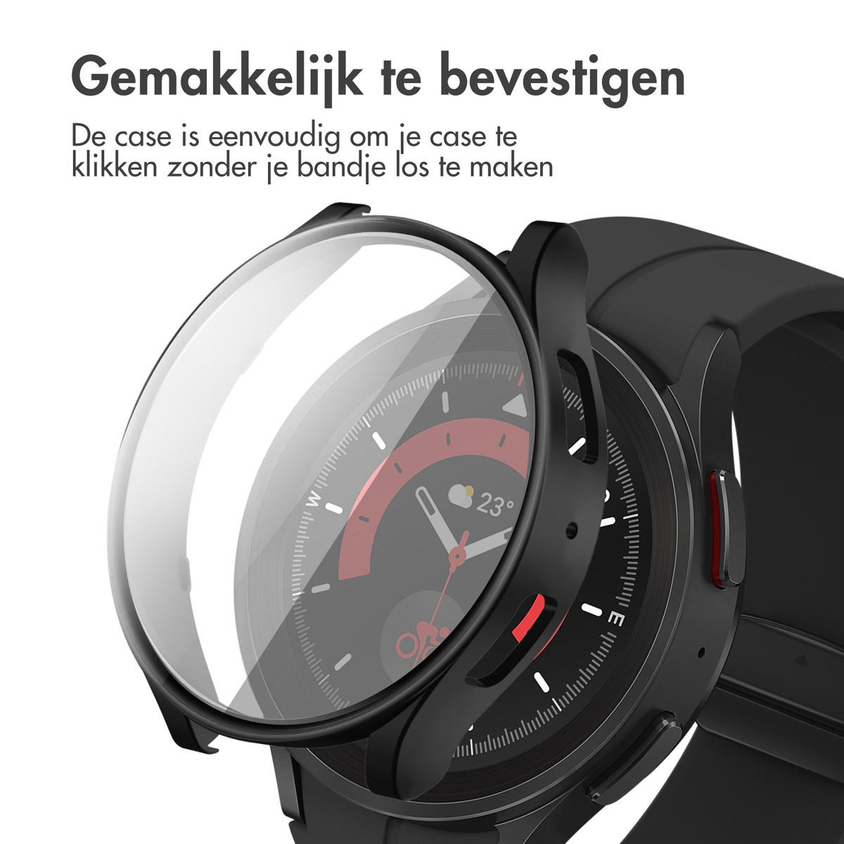 Zwarte smartwatch met transparante hoes. De wijzerplaat toont tijd en gegevens.