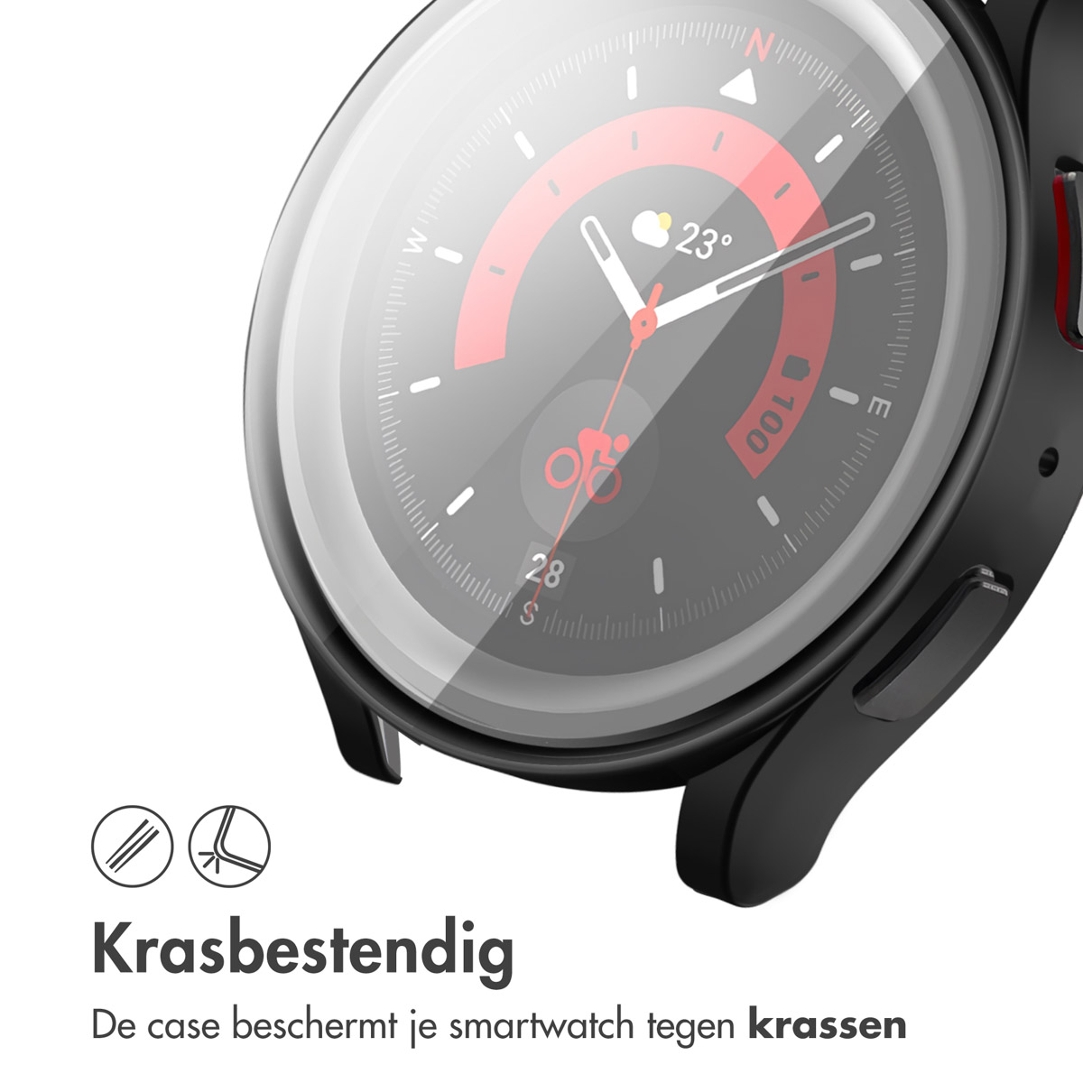 Zwarte smartwatch met een zwarte band met zwarte gaten. De wijzerplaat toont app-iconen.