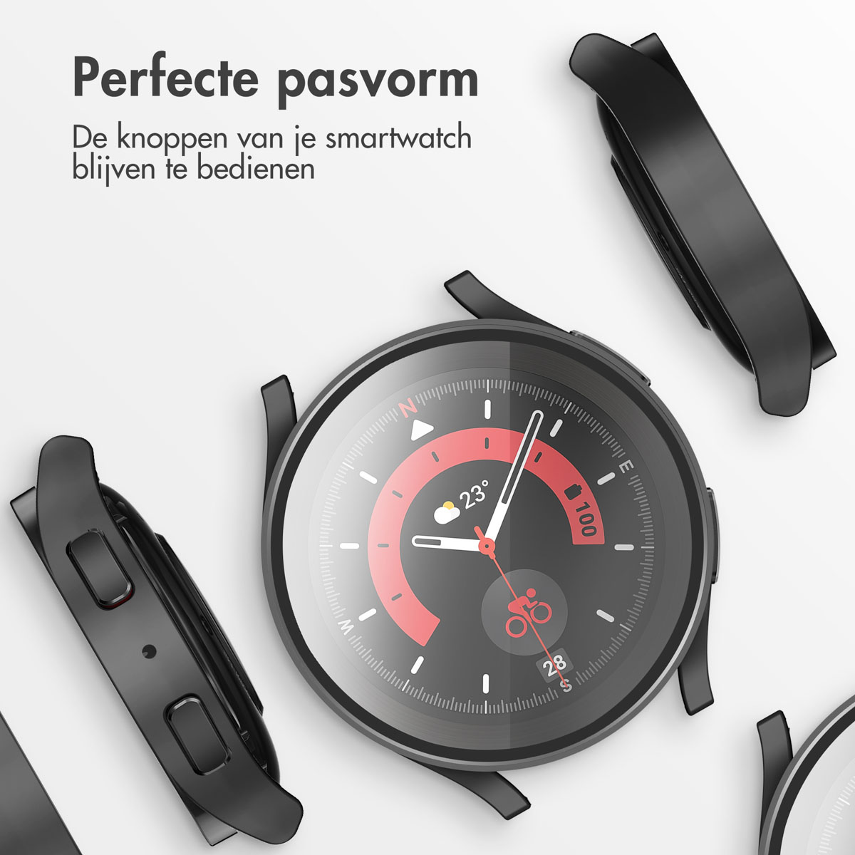 Zwarte smartwatch met rood wijzerplaat, temperatuurweergave en kompas.