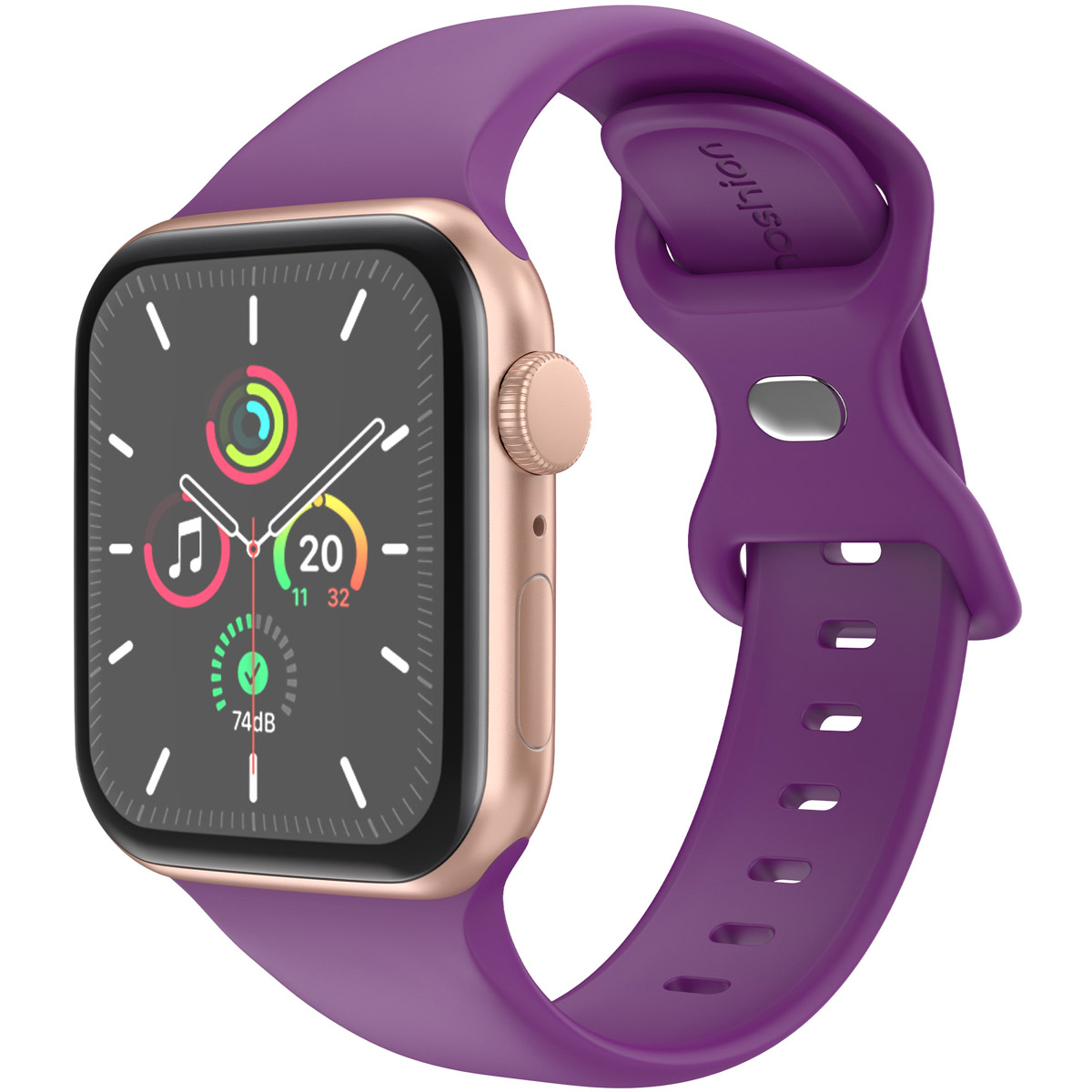 Gold watch with purple band. The watch face displays time and activity data.