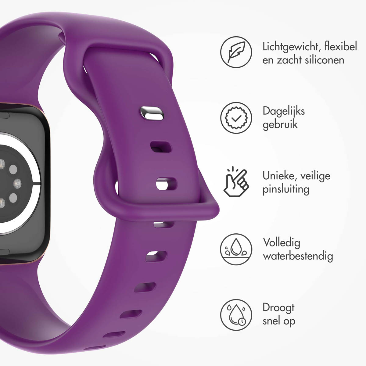 Purple watch strap with black smartwatch back. Icons indicate features: lightweight, waterproof.