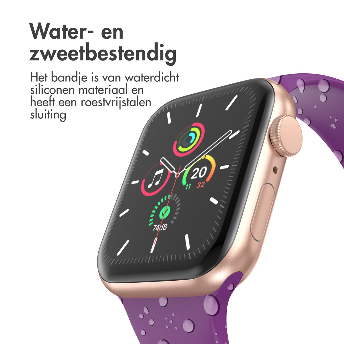 A gold watch with a purple strap. The screen shows time and activity details.