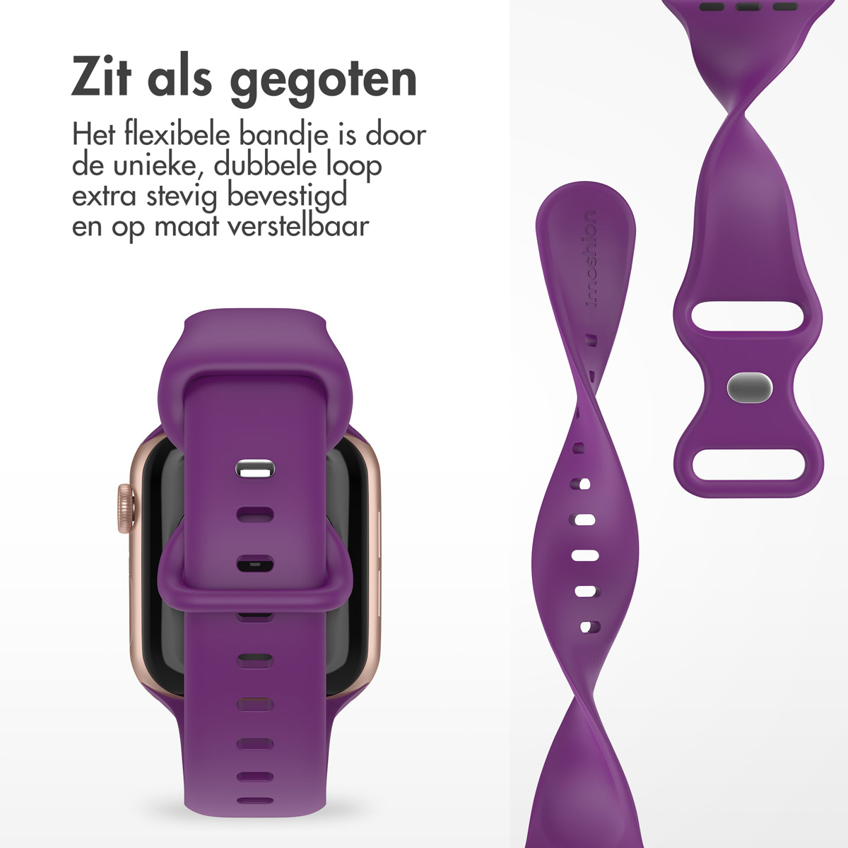 A purple watch band attached to a gold watch and two detached sections.