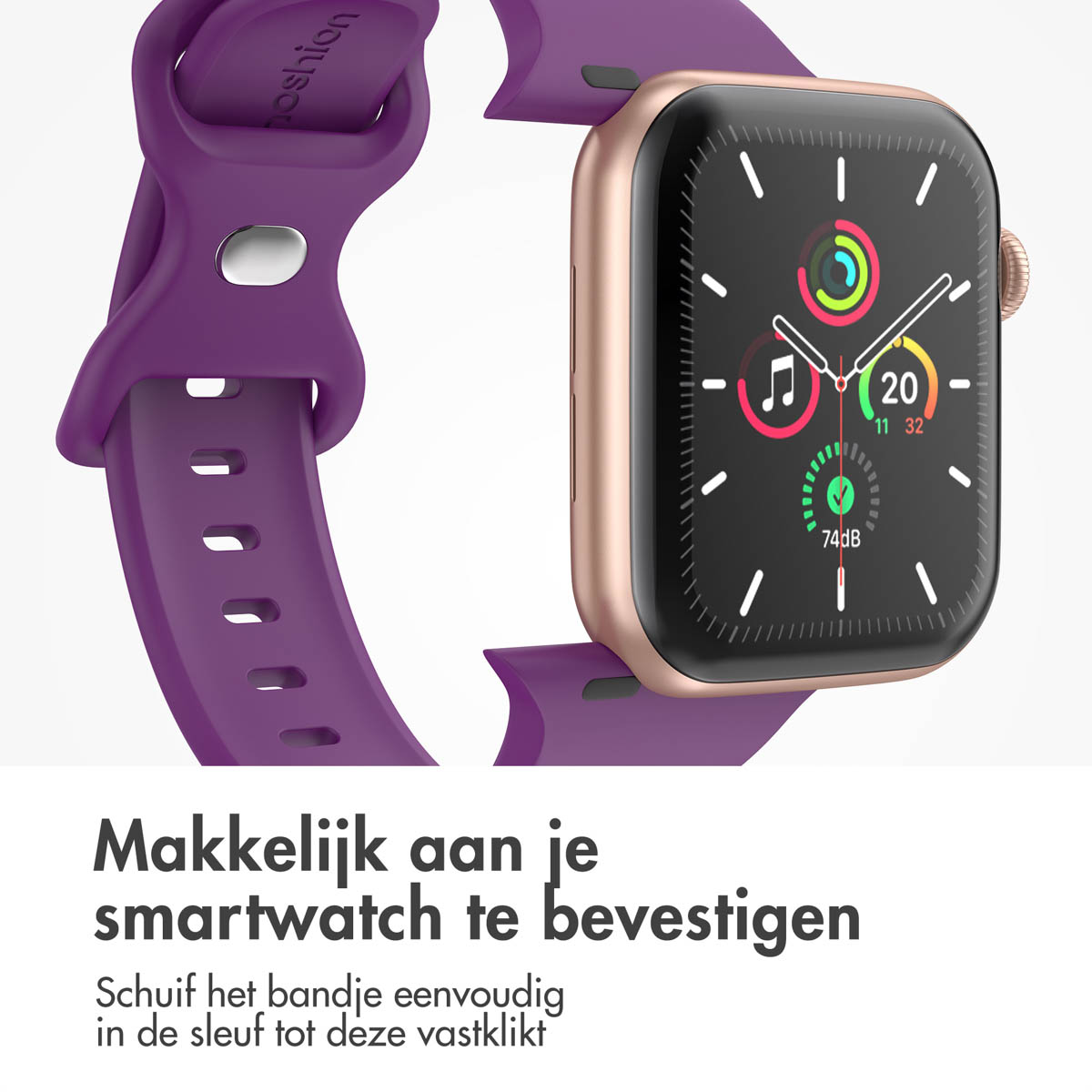 A gold watch with a purple strap attached. The screen displays time and activity.