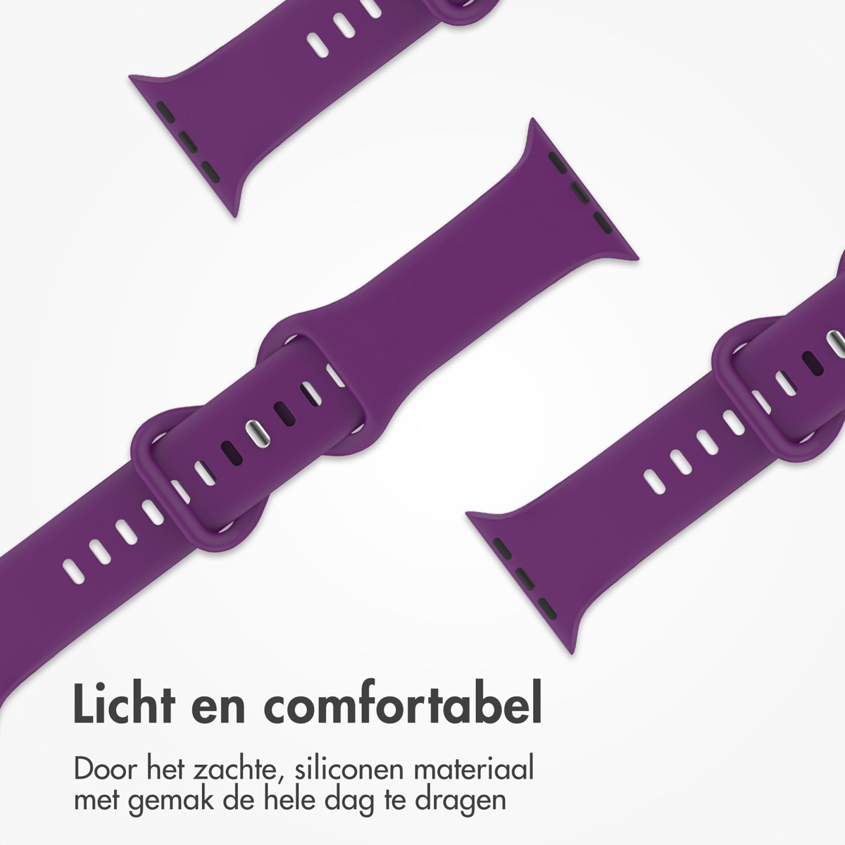 Three purple watch straps. Two are detached, with a buckle. One is connected.