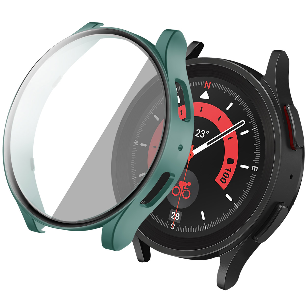 Apple Watch in beschermhoes. Hoes is groen en transparant. Horloge toont een rood-zwart scherm.