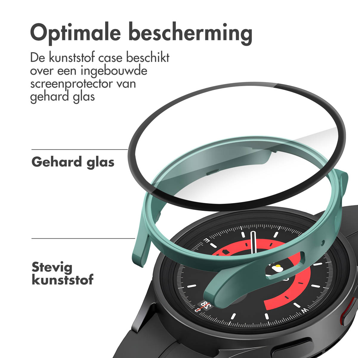 Smartwatch met groene behuizing, schermbeschermer en zwarte band. Onderdelen getoond.