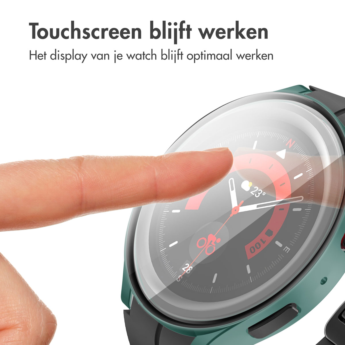 Een vinger raakt het scherm van een zwarte smartwatch met een groene behuizing. Tekst erboven: Touchscreen werkt.