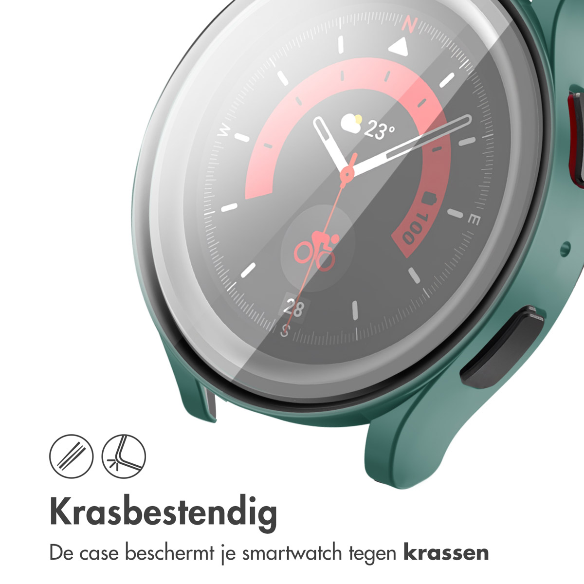 Smartwatch met een transparante beschermer en een groene behuizing. Tekst benadrukt krasbestendigheid.