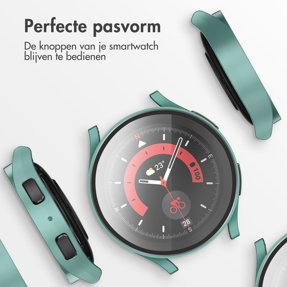 Een teal smartwatch met een wijzerplaat die 23 graden en 100 toont.