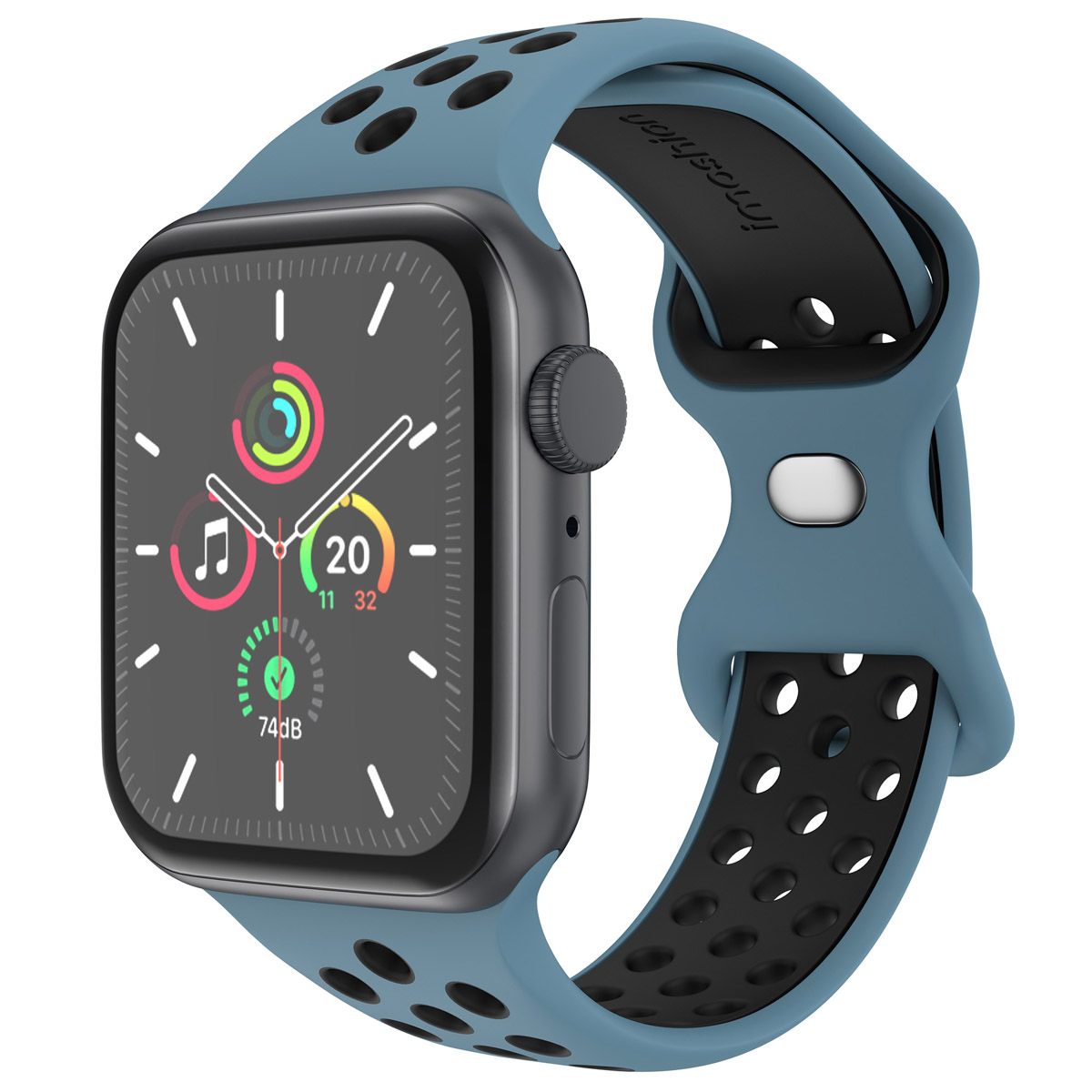 A blue Apple Watch with a black and blue band. The watch face displays time and activity data.