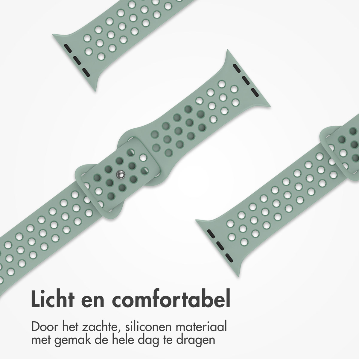 Three light green watch straps on a white background. The straps are perforated with circular holes.