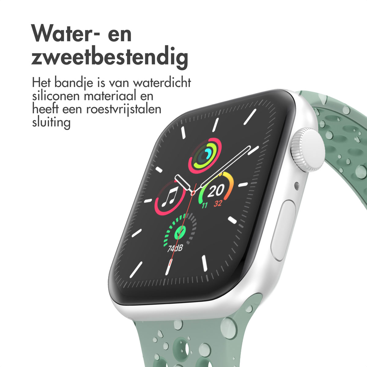 Close-up of a smartwatch with a green strap. The watch face displays time and health data. Text indicates it's water and sweat-resistant.