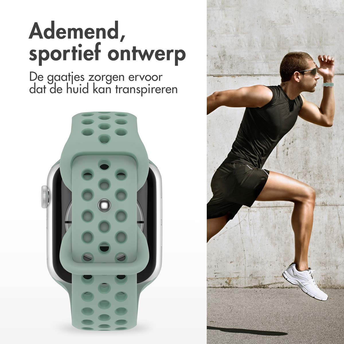 A man in athletic wear runs. A watch with a green strap is shown, and text says 'breathable, sporty design'.