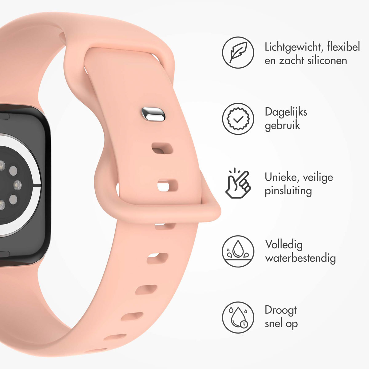 Pink watch band with a black watch face. The band is light pink and smooth.