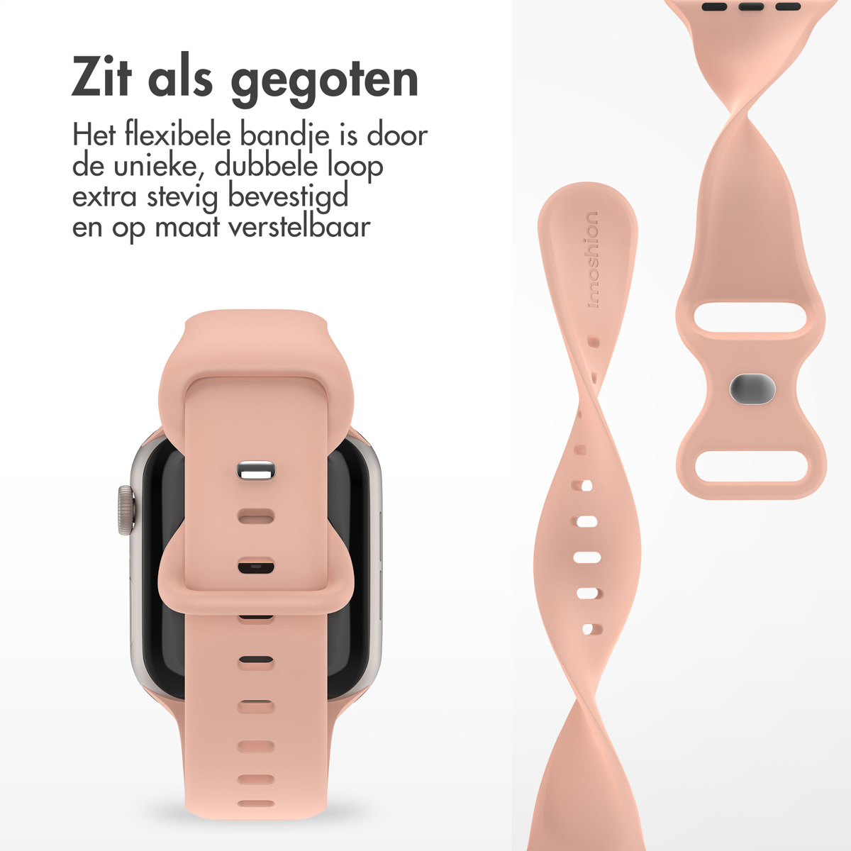 A pink watch band attached to a gold watch and two detached sections.