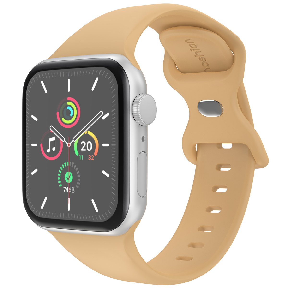 A smartwatch with a beige strap. The watch face shows the time.