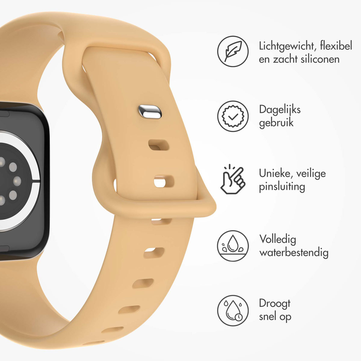 Tan watch band. Features: lightweight, flexible silicone, for daily use, secure clasp, waterproof, quick dry.