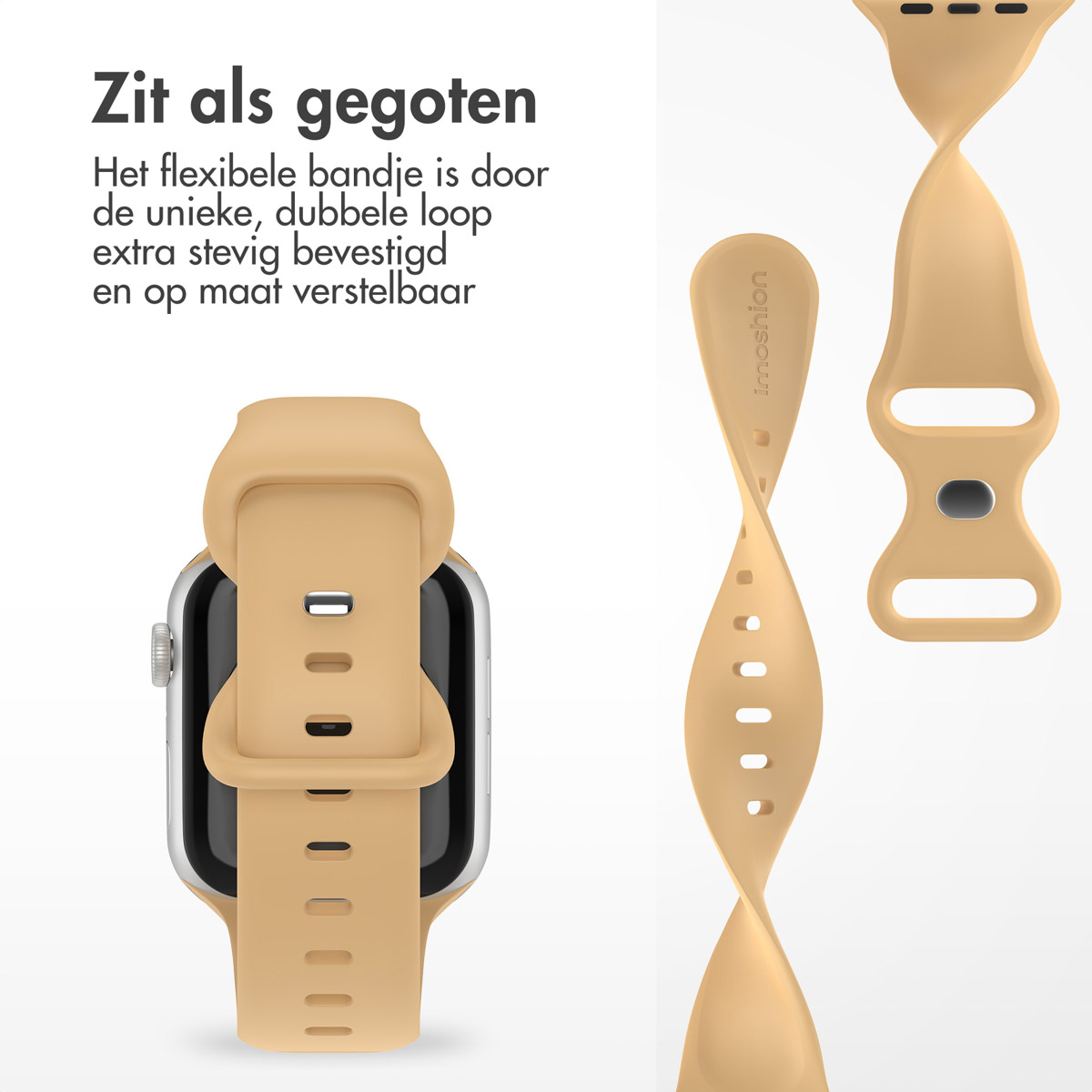 A tan watch band attached to a gold watch and two detached sections.
