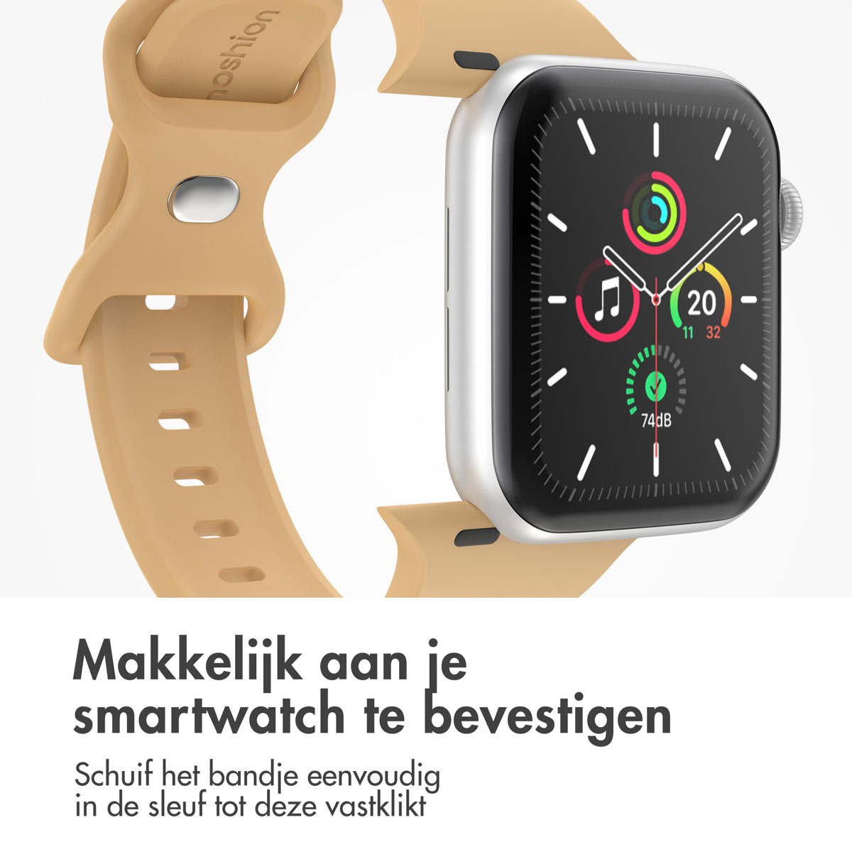 A gold watch with a tan strap attached. The screen displays time and activity.