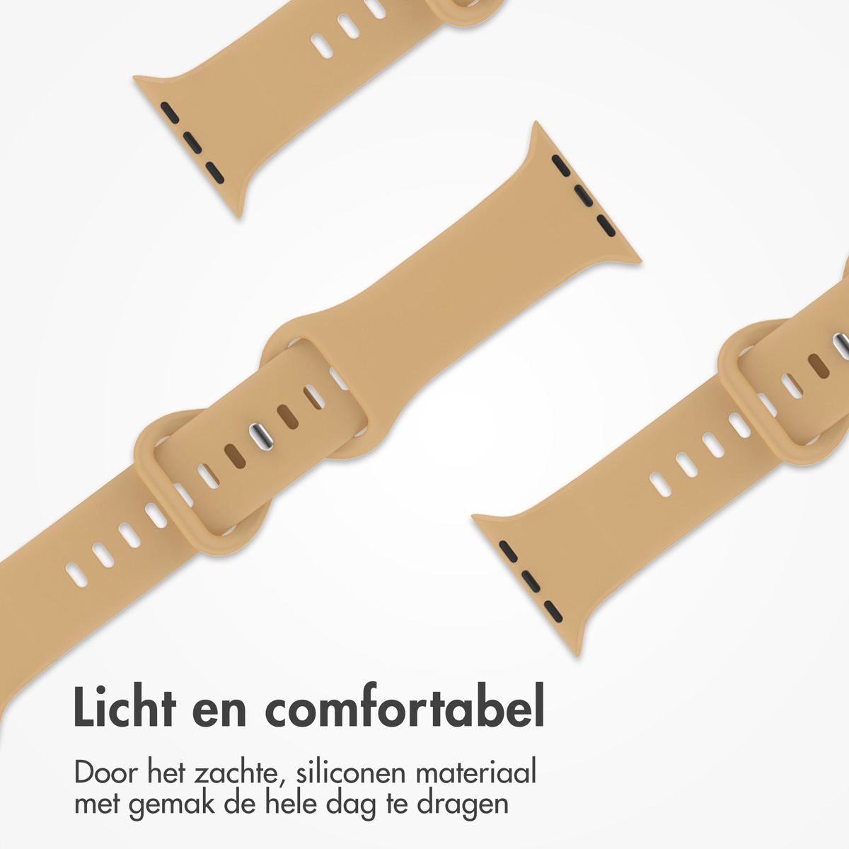 Three tan watch straps. Two are detached, with a buckle. One is connected.