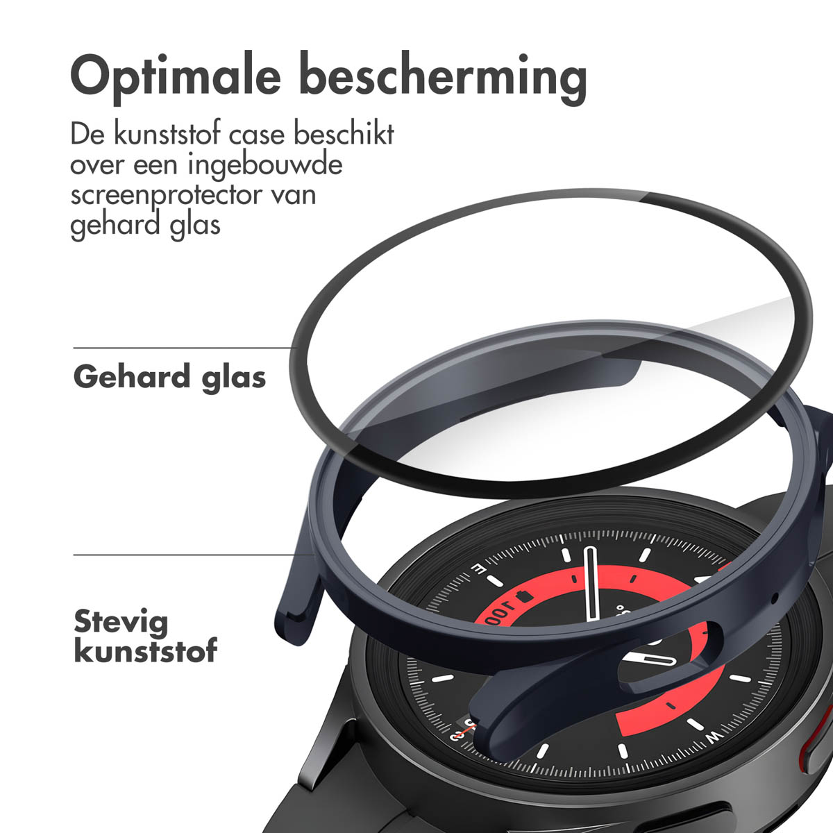 Smartwatch-case met beschermhoes van gehard glas en plastic.