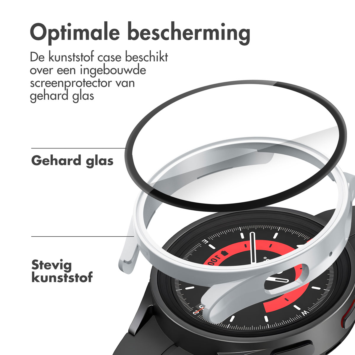 Een smartwatch-hoesje met een schermbeschermer. Het benadrukt een schermbeschermer van gehard glas.