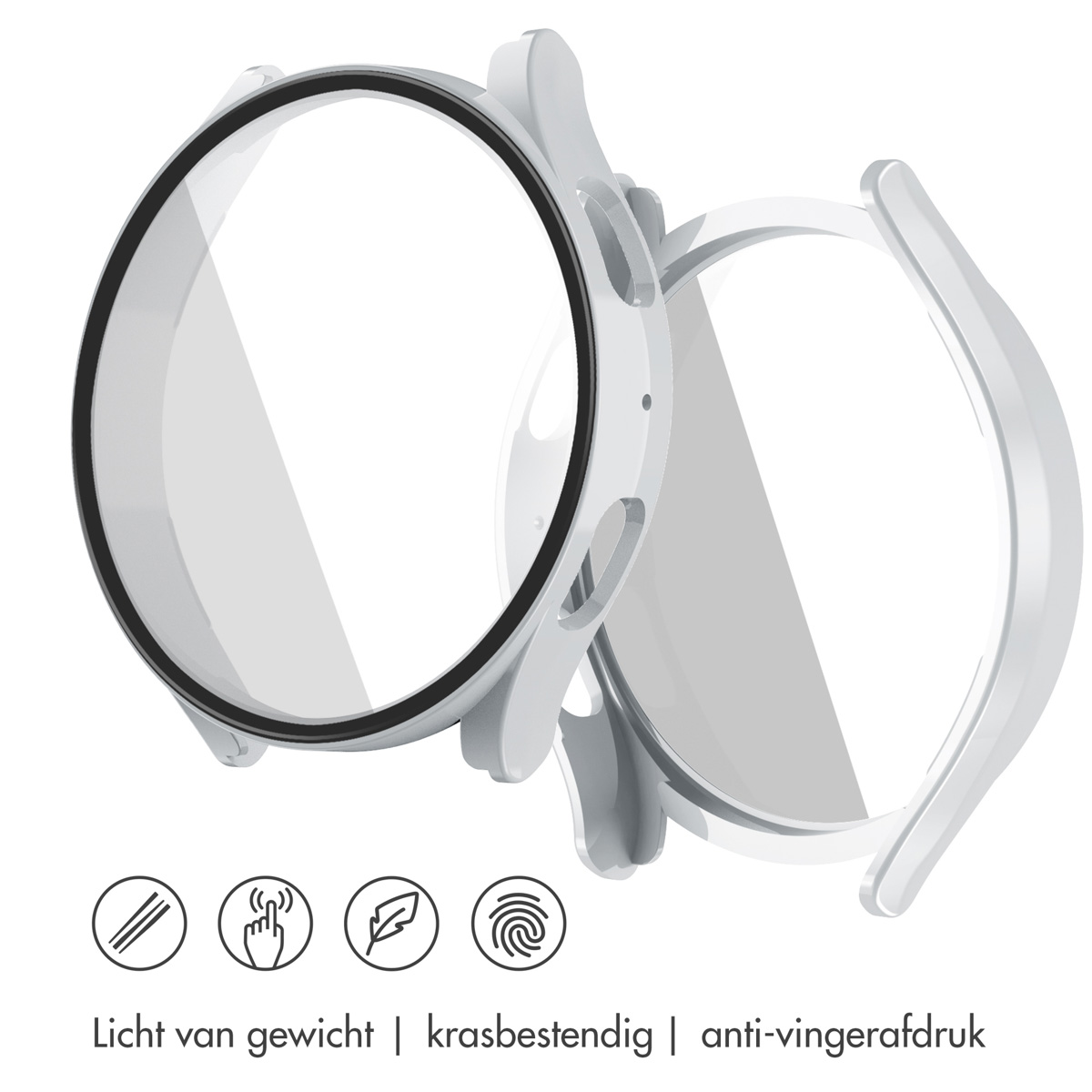 Witte smartwatch-case met een heldere schermbeschermer. Pictogrammen tonen lichtgewicht, krasbestendigheid en vingerafdrukbestendig.