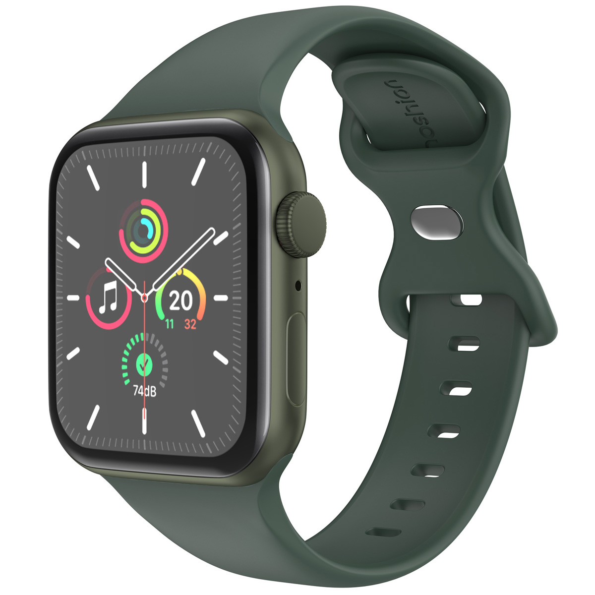 Apple Watch with a green sports band. Watch face displays time, apps, and activity rings.