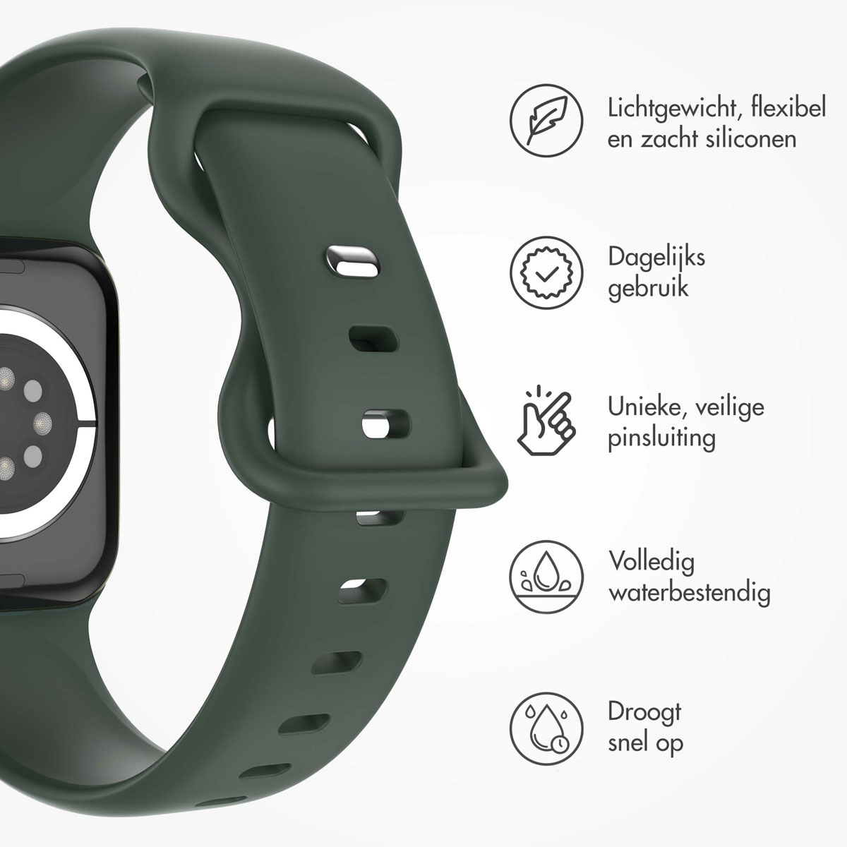 A dark green Apple Watch band with icons. Text: Lightweight, flexible, soft silicone.