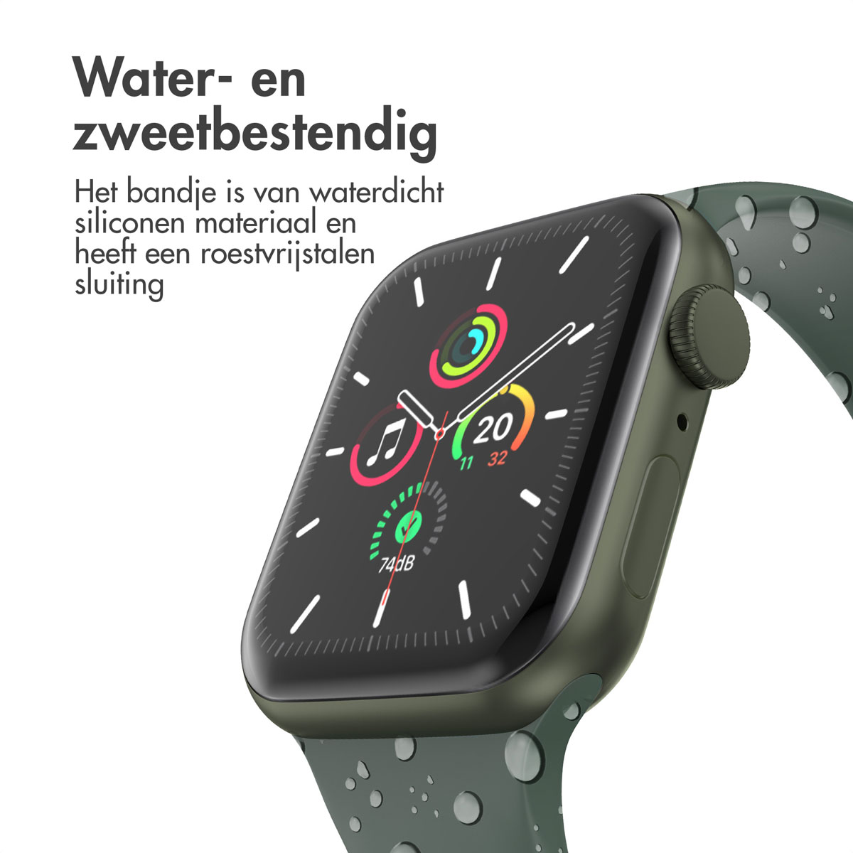 An olive green smartwatch displays time and stats. The strap is silicon with water droplets. Text in Dutch says water and sweat resistant.