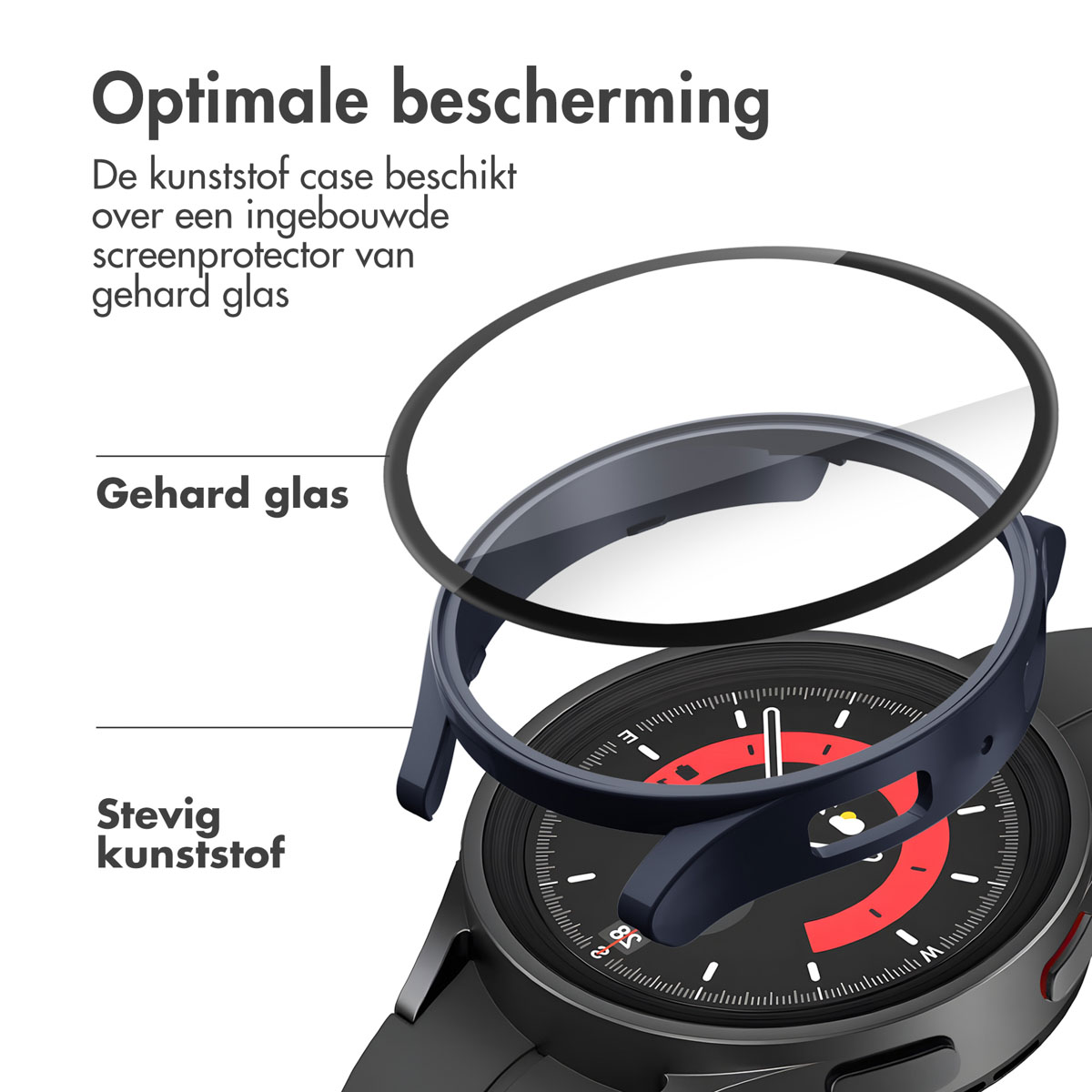 Smartwatch-case met beschermhoes van gehard glas en plastic.