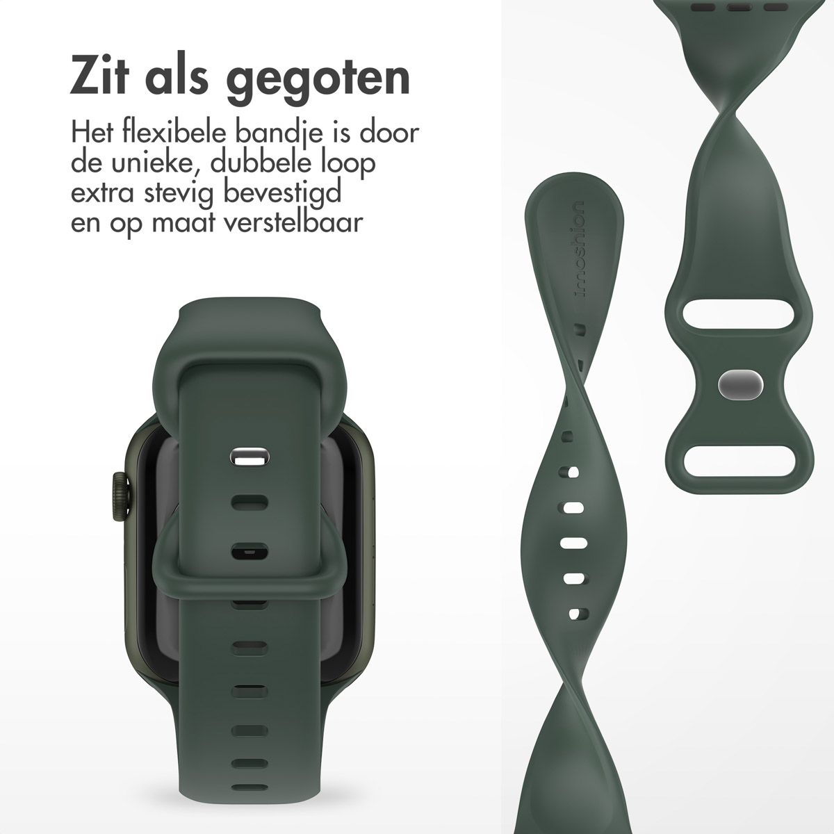 Green watch band, parts shown separately. Text in Dutch: 'Fits perfectly', 'Flexible band', adjustable.