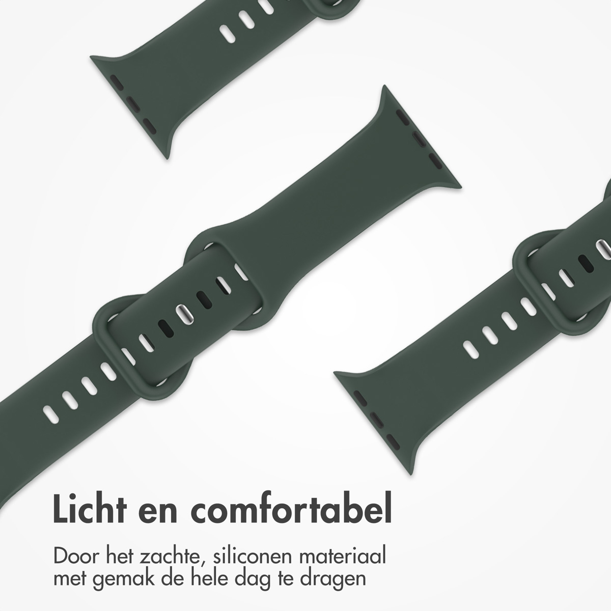 Green watch straps are laid out on a white background. The straps are made of silicone. Text says: Light and comfortable.