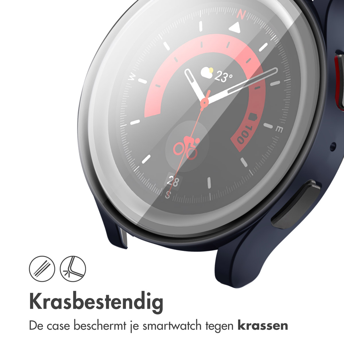 Close-up van een smartwatch met een hoesje. Tekst: Krasbestendig. De case beschermt je horloge.