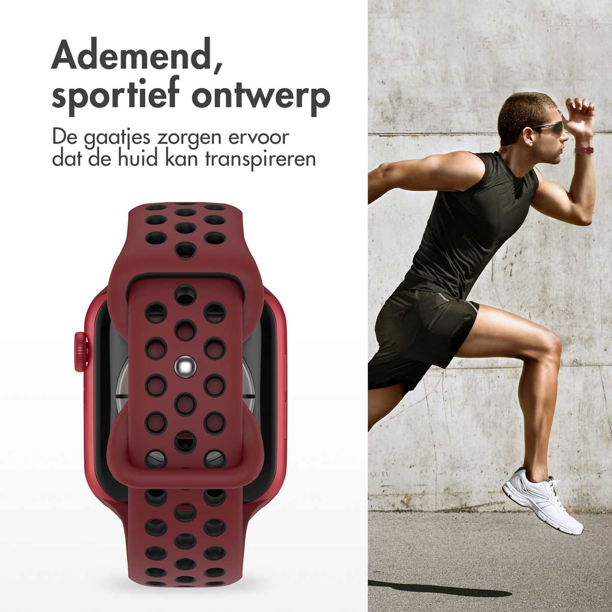 A maroon smartwatch band with black holes is shown next to a man running. The man is wearing black sportswear and white sneakers.