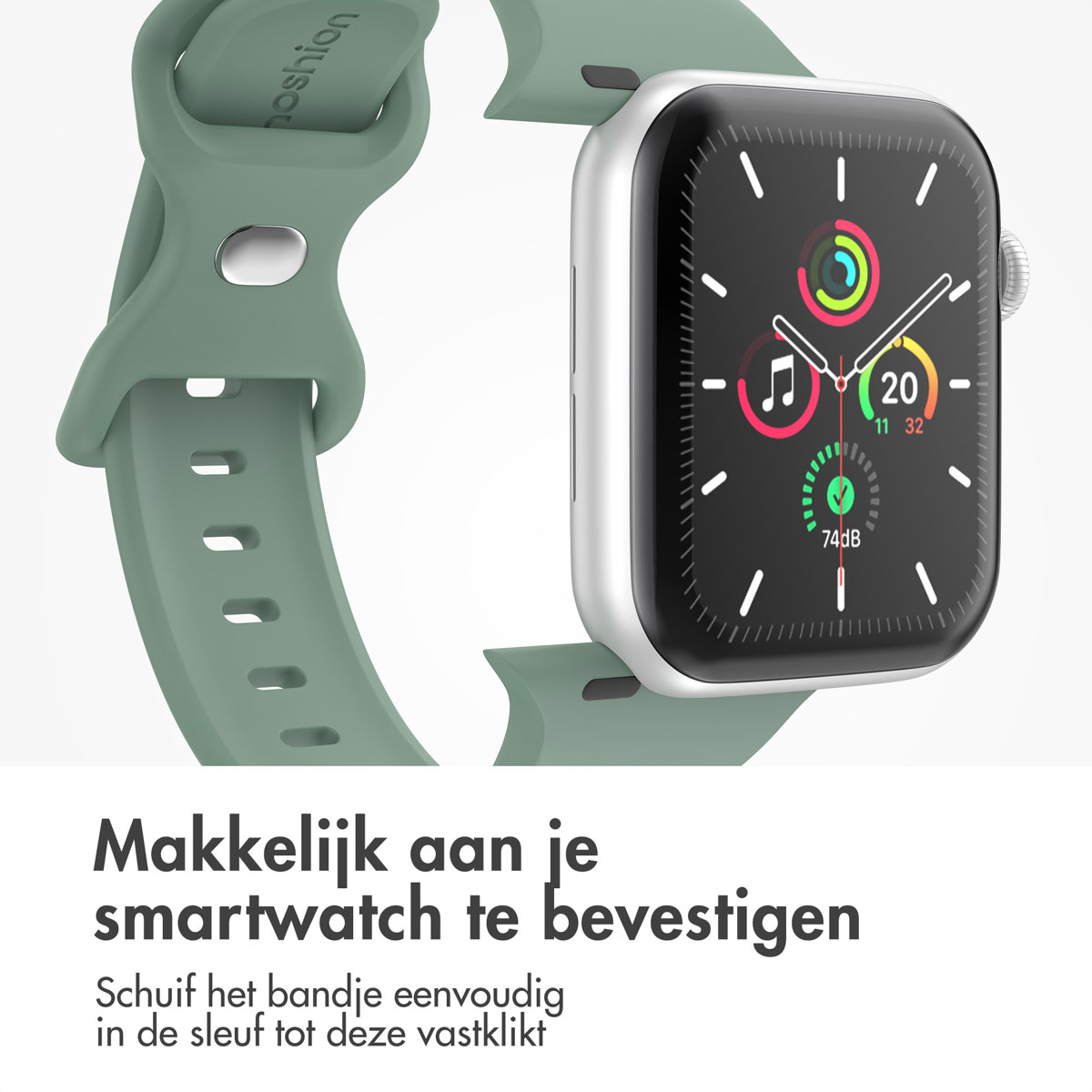 Green watch band with a silver watch. The watch shows the time and other data.