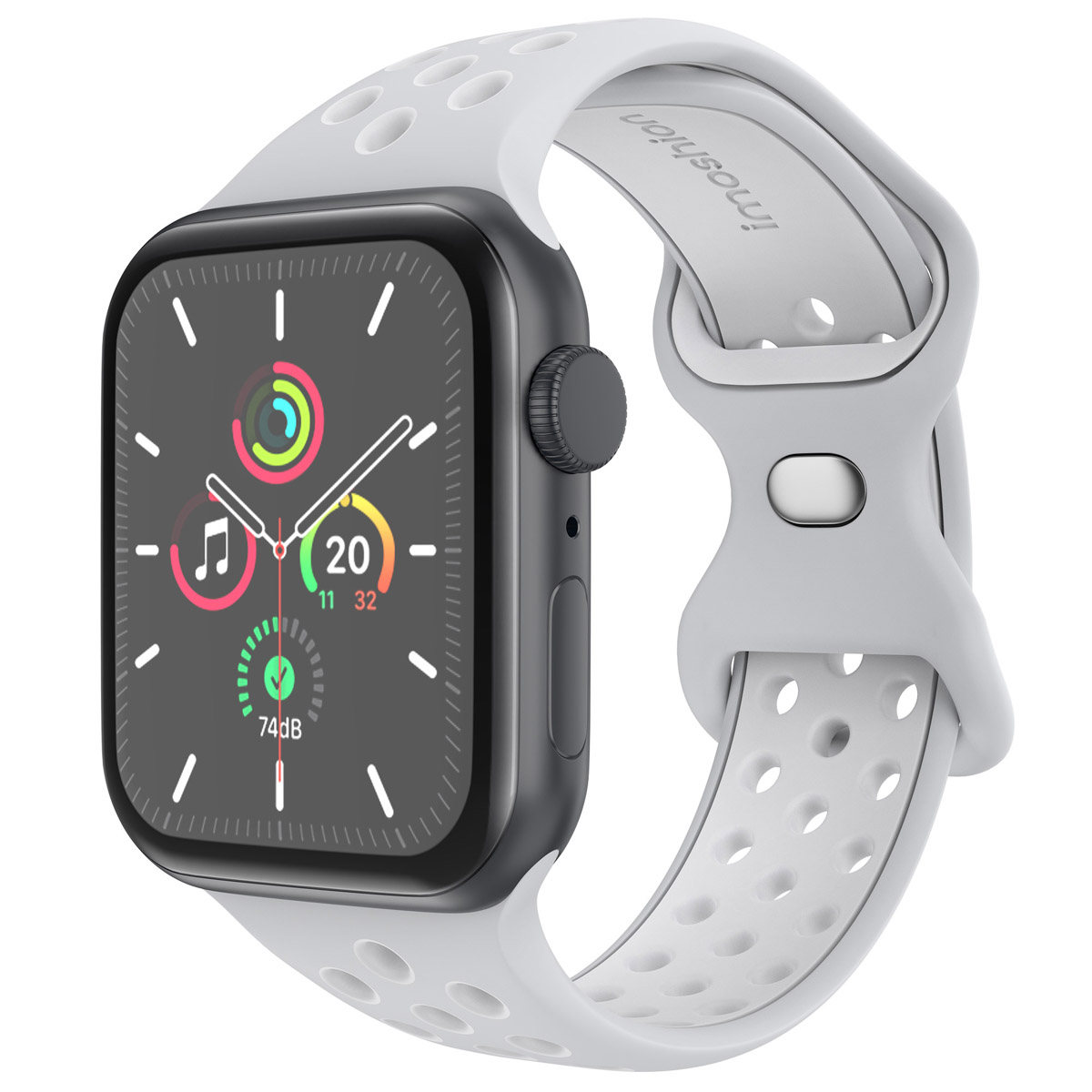 Black and gray smartwatch with a light gray strap. White background. Text: Inosshion.